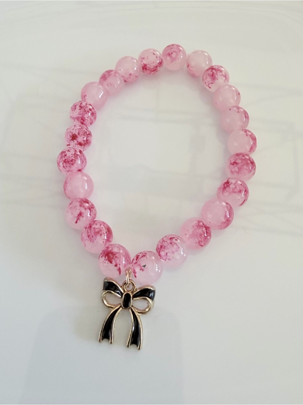 Pink Beaded Bracelet with Bow Charm Handmade Gift Jewelry